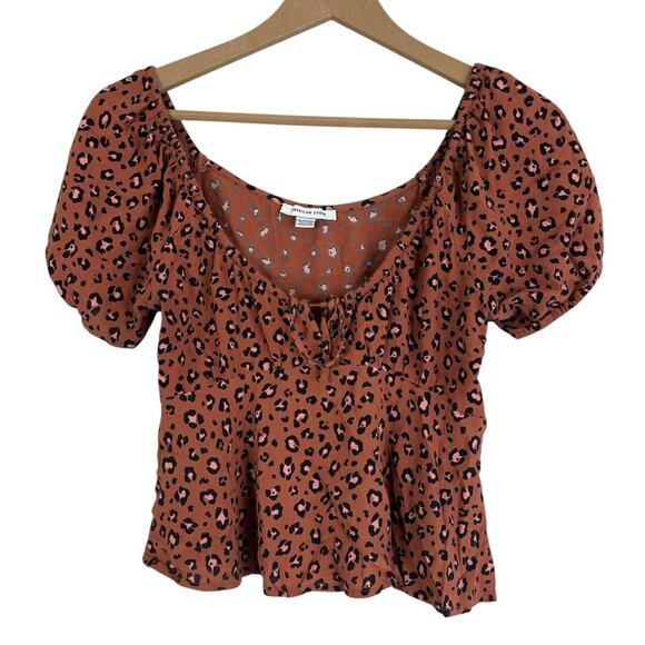 American Eagle Blouse Womens XS Rust Brown Leopard Print Puff Sleeve Cottagecore - Picture 1 of 5